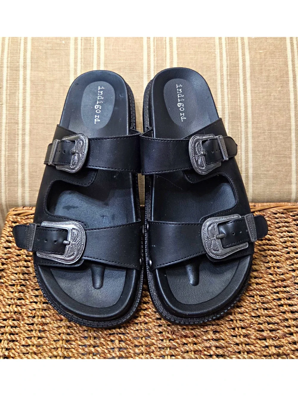 indigo rd. Black Leather Double Buckle Slide Sandals Adjustable Straps 7.5